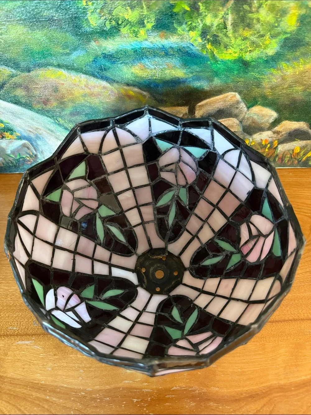 Tiffany-Style Stained Glass Lamp Shade with Floral Motif - Black & Pastel